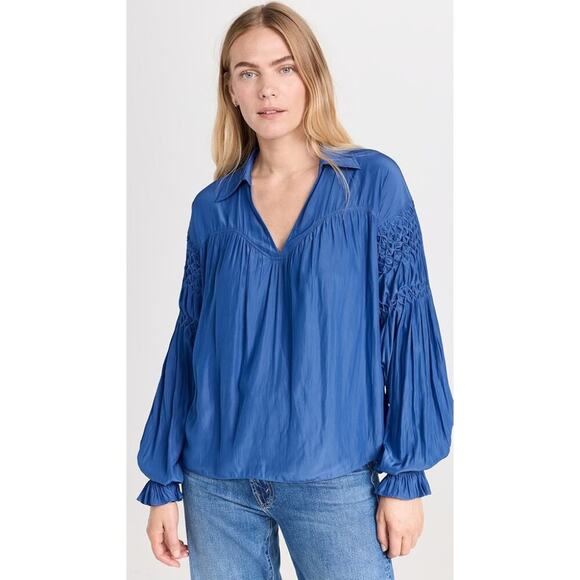 Ramy Brook Blue Balloon Sleeve Blouse Size XS EUC Collar V-Neck - Picture 2 of 13